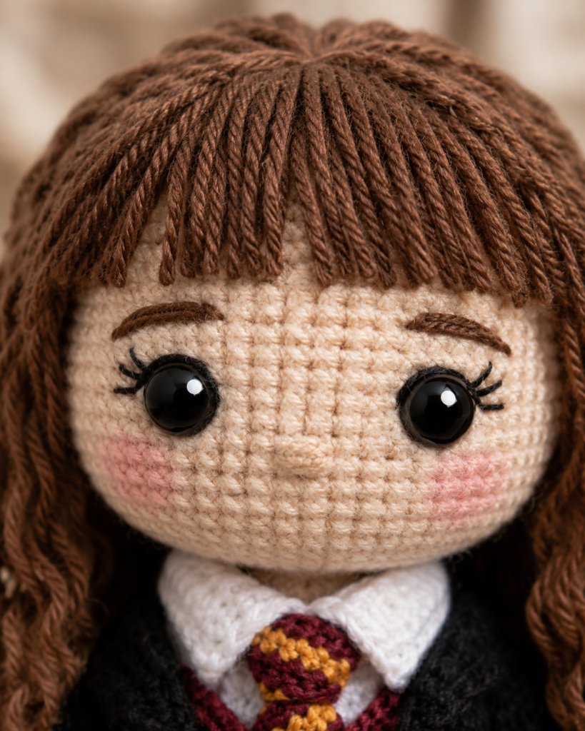 Embroidered Hermione crochet doll face close up