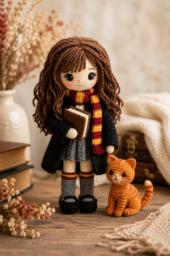 Orange crochet Crookshanks cat amigurumi companion